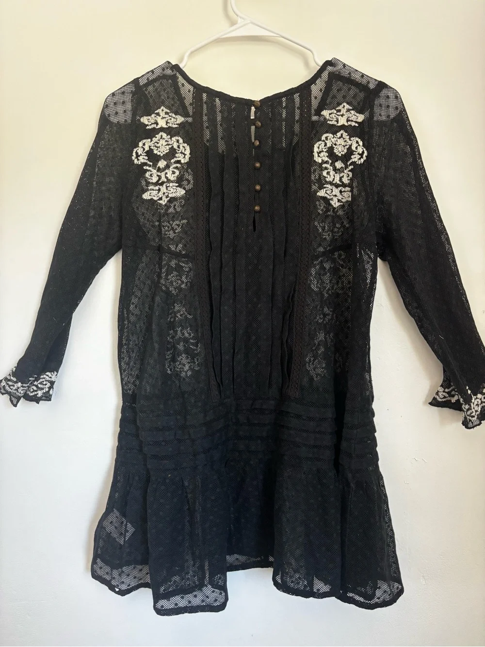 FREE PEOPLE Black Jocelyn Pleated Dot Ruffle lace Tunic Size S
